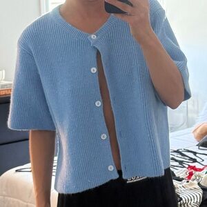 Light Blue Short-Sleeve Button Cardigan - Women